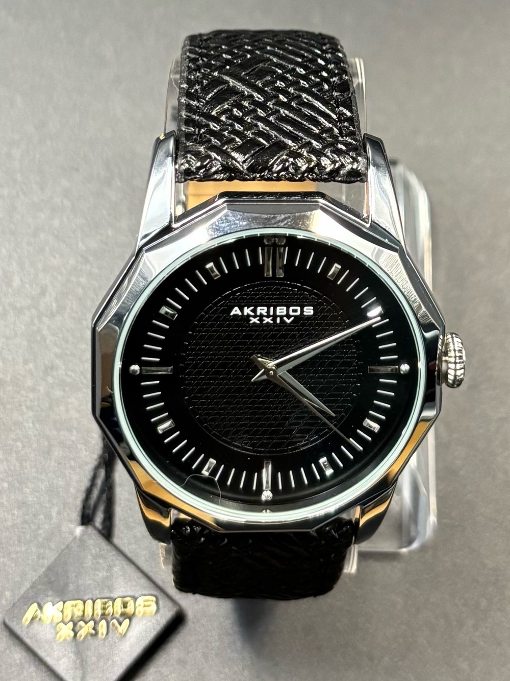 Akribos XXIV Men's BlK Dodecagon Bezel BlK Dial BlK Leather Strap 41mm-AK825SSB